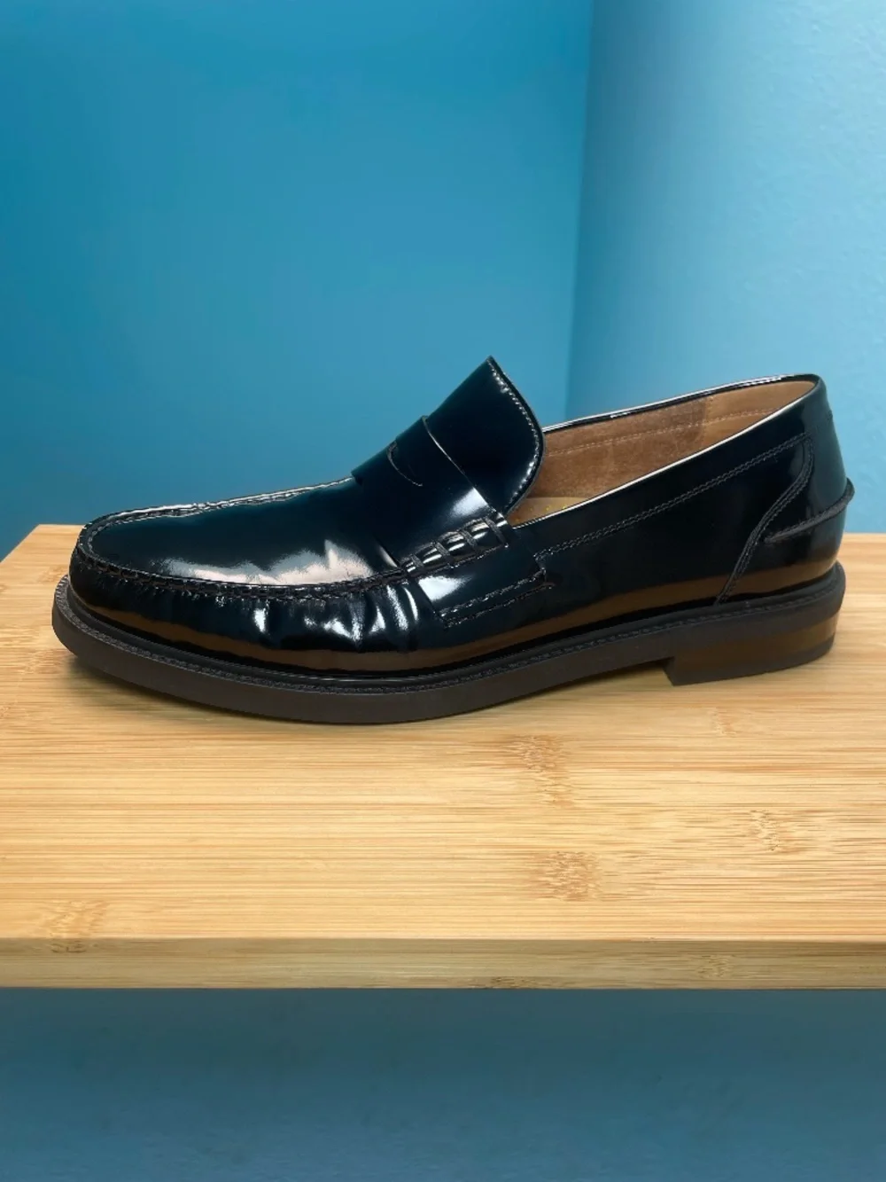 Cole Haan Mens Pinch Prep Penny Loafers Sz 10.5 Patent Leather Black Moc Toe EUC